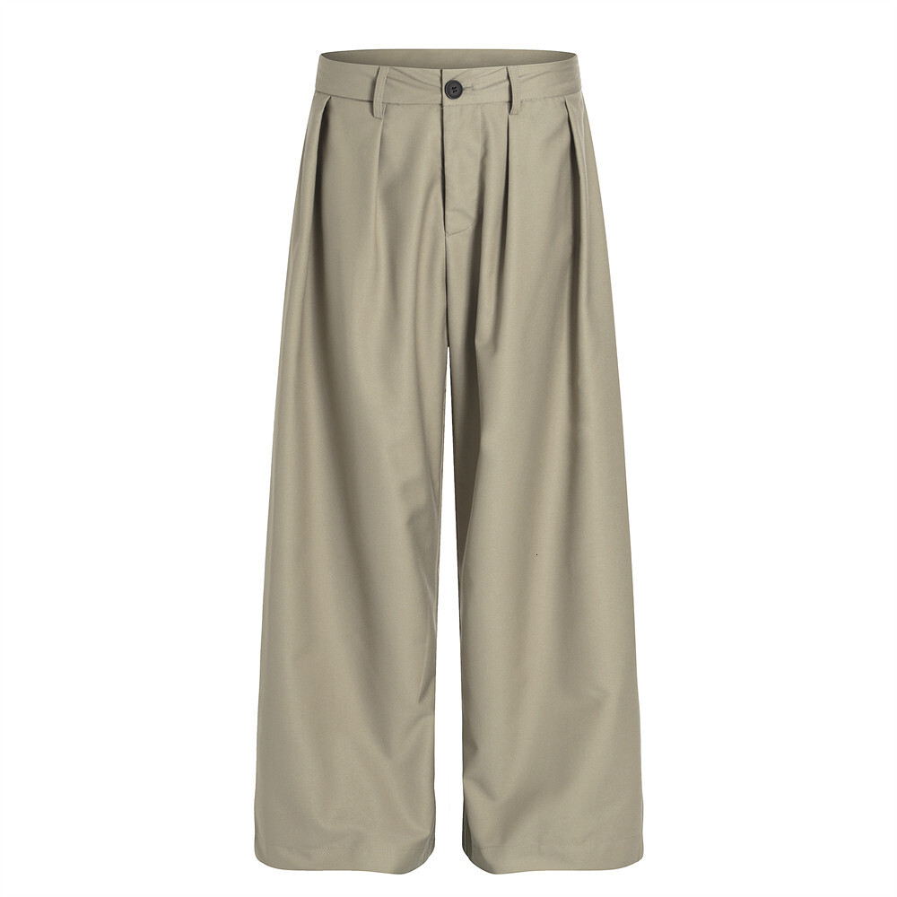 Loose Wide-Leg Long Pants Mens Casual Dress Pants American Style Solid Color Versatile Double Pleat Design Straight-Leg Floor-Length Pants