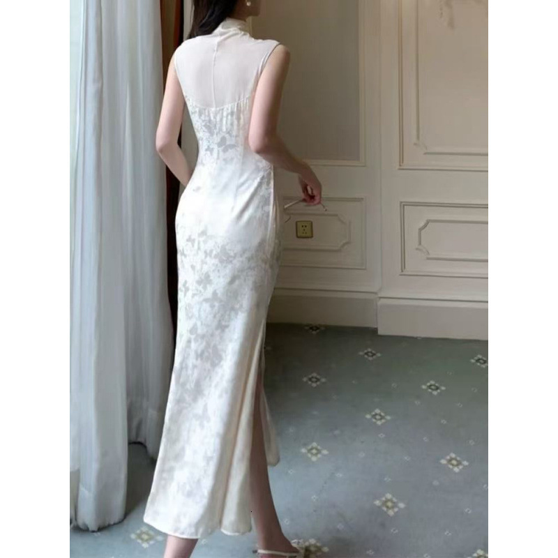 Designer's New Chinese Style Improved Cheongsam Acetate Satin Dress With Advanced Sensation And Queen's Style Split Long Dress For Summer 20