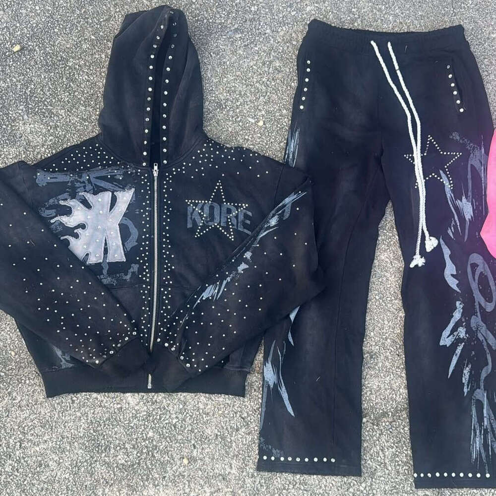 Autumn Winter Season Unisex Fashion Set Street Style Rhinestone Zipper Hoodie Drawstring Pants European And American