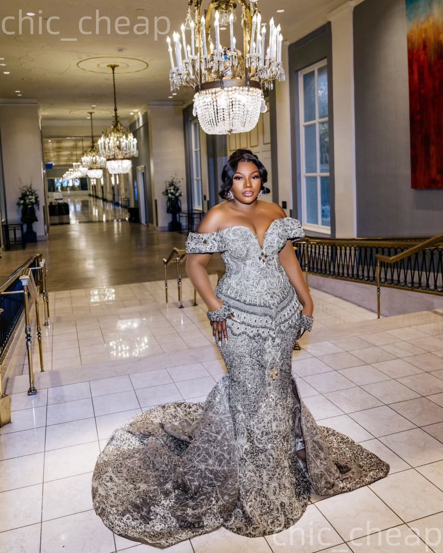 Aso Ebi Silver Mermaid Prom Dresses 2026 Beaded Crystals Detachable Train Evening Formal Party Second Birthday Engagement Gowns Dress For Special Occa