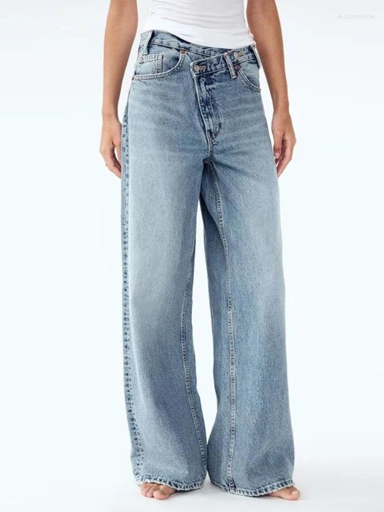 Women's Jeans HOUZHOU Women Wide Leg Vintage Irregular Washed Denim Trousers Aesthetic Baggy Straight Asymmetrical High Waist