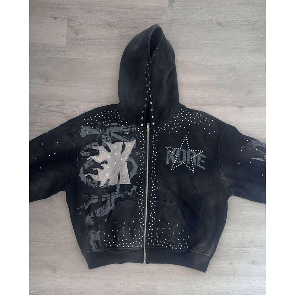 Autumn Winter Season Unisex Fashion Set Street Style Rhinestone Zipper Hoodie Drawstring Pants European And American