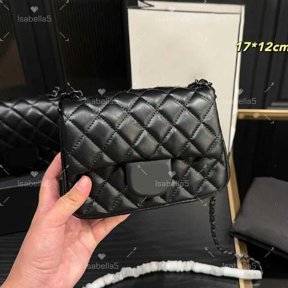 Women Designer All Black Leather Mini Classic Flap Bag 17/19cm Quilted Diamond Black Buckle Hardware Matelasse Chain Stylish Shoulder Handbag Crossbody Key Pouch