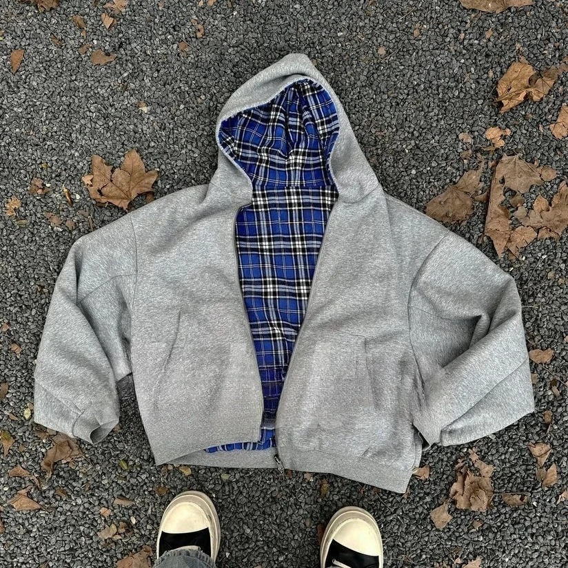 Korea DoubleSided Plaid Loose Zipper Hoodie Men Women Y2K Harajuku HipHop Gothic Couple Casual Joker Sweatshirt Street Wear 260126