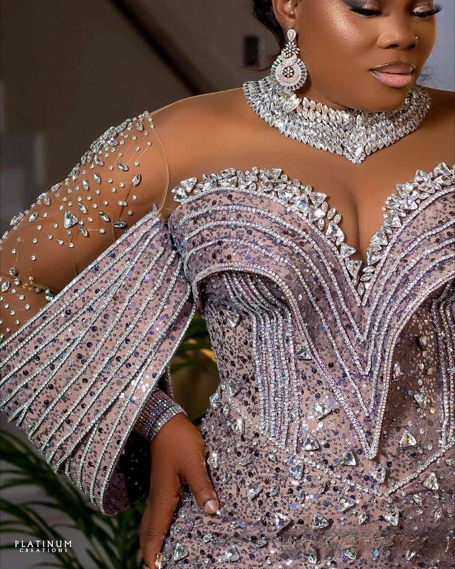 Plus Size Aso Ebi Prom Evening Formal For Women Mermaid High Neck Long Sleeves Rhinestones Crystals Birthday Dress Reception Gowns F03