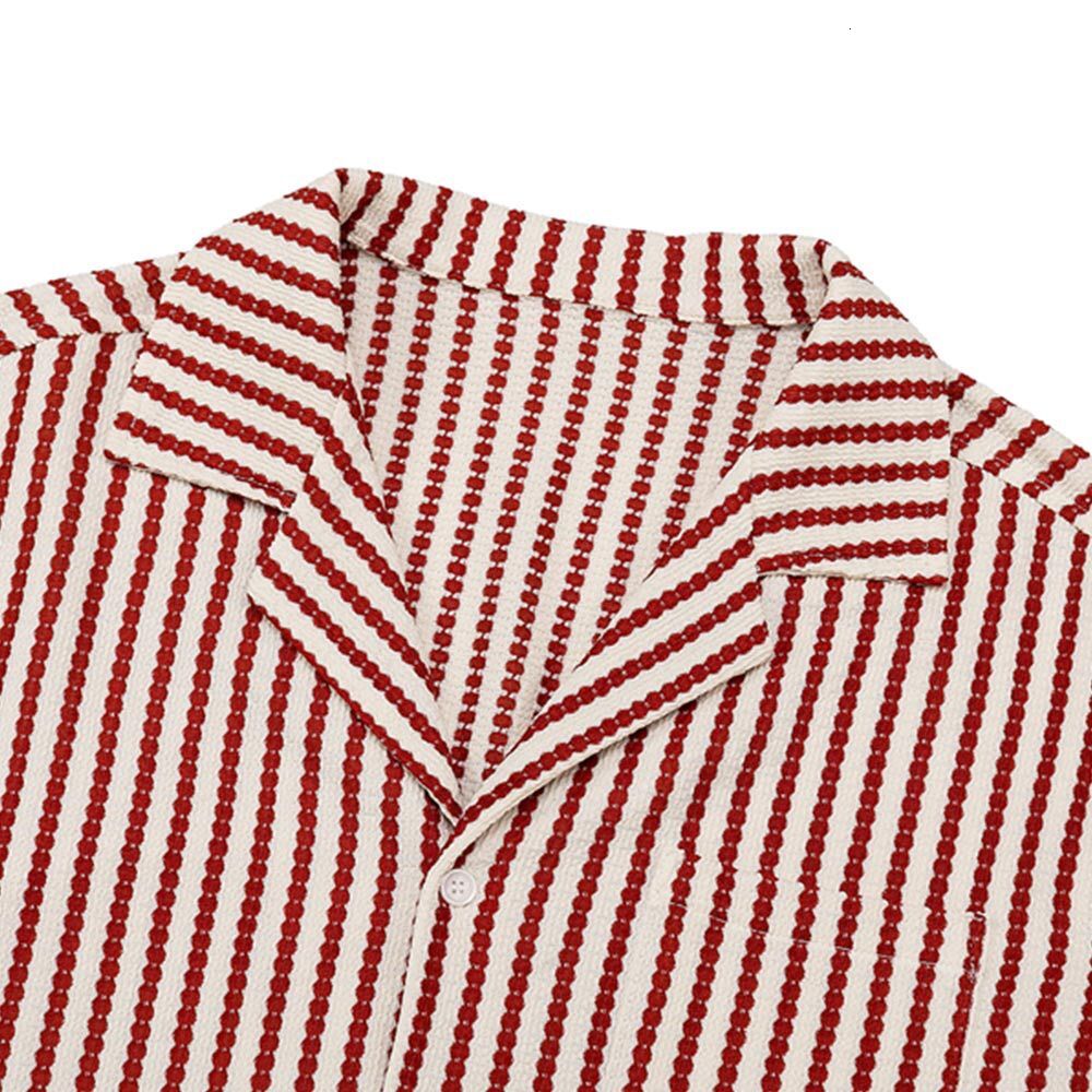 Vertical Striped Casual Shirt Summer Mens Trendy Loose Cuban Collar Short Sleeve Top Turn-down Collar Shirt