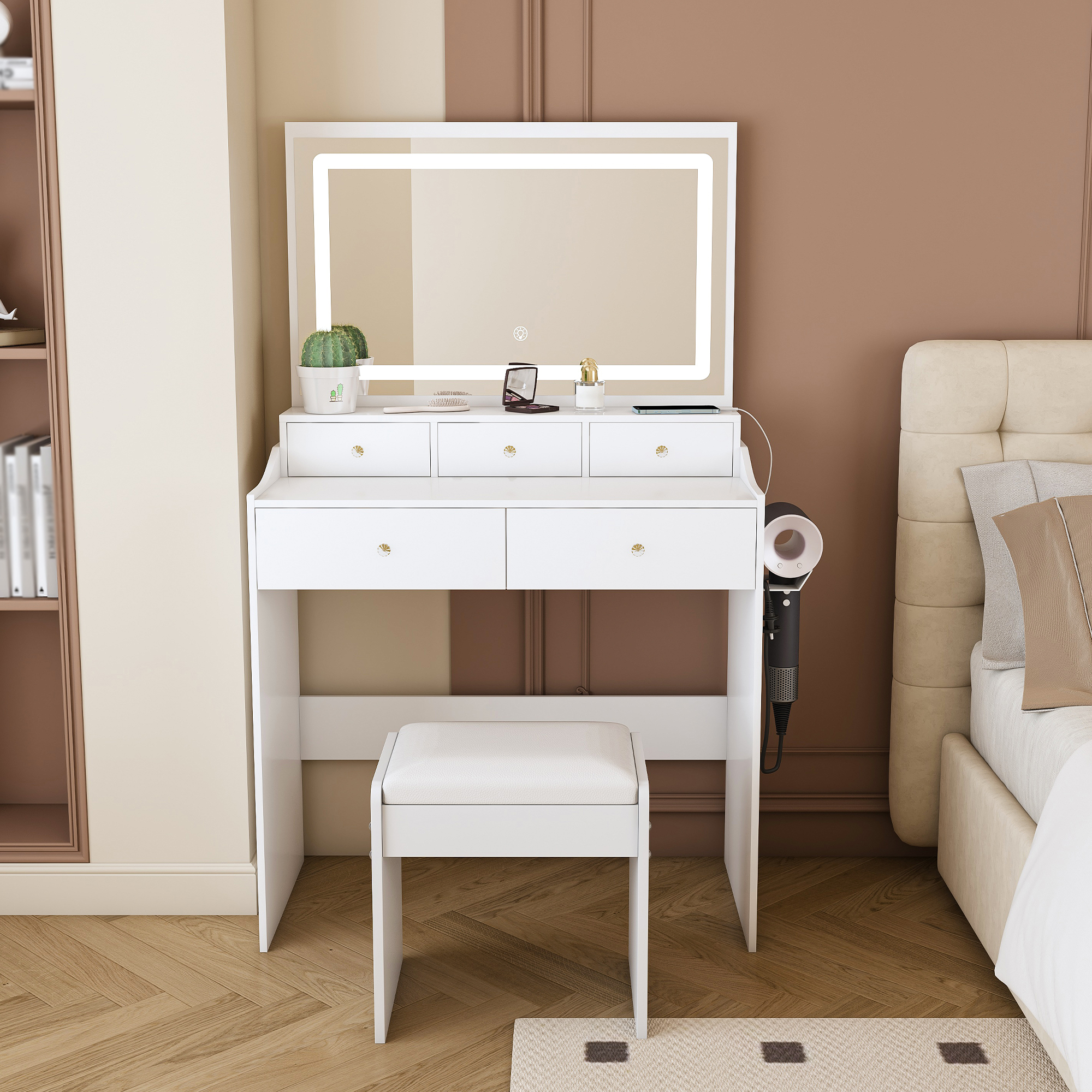 Mirror Vanity Desk for Bed room Modern Makeup Vanity Set with Power Outlet and Hair dryer holder 5 Drawers 3 Lighting Color Adjustable Dressing Table 