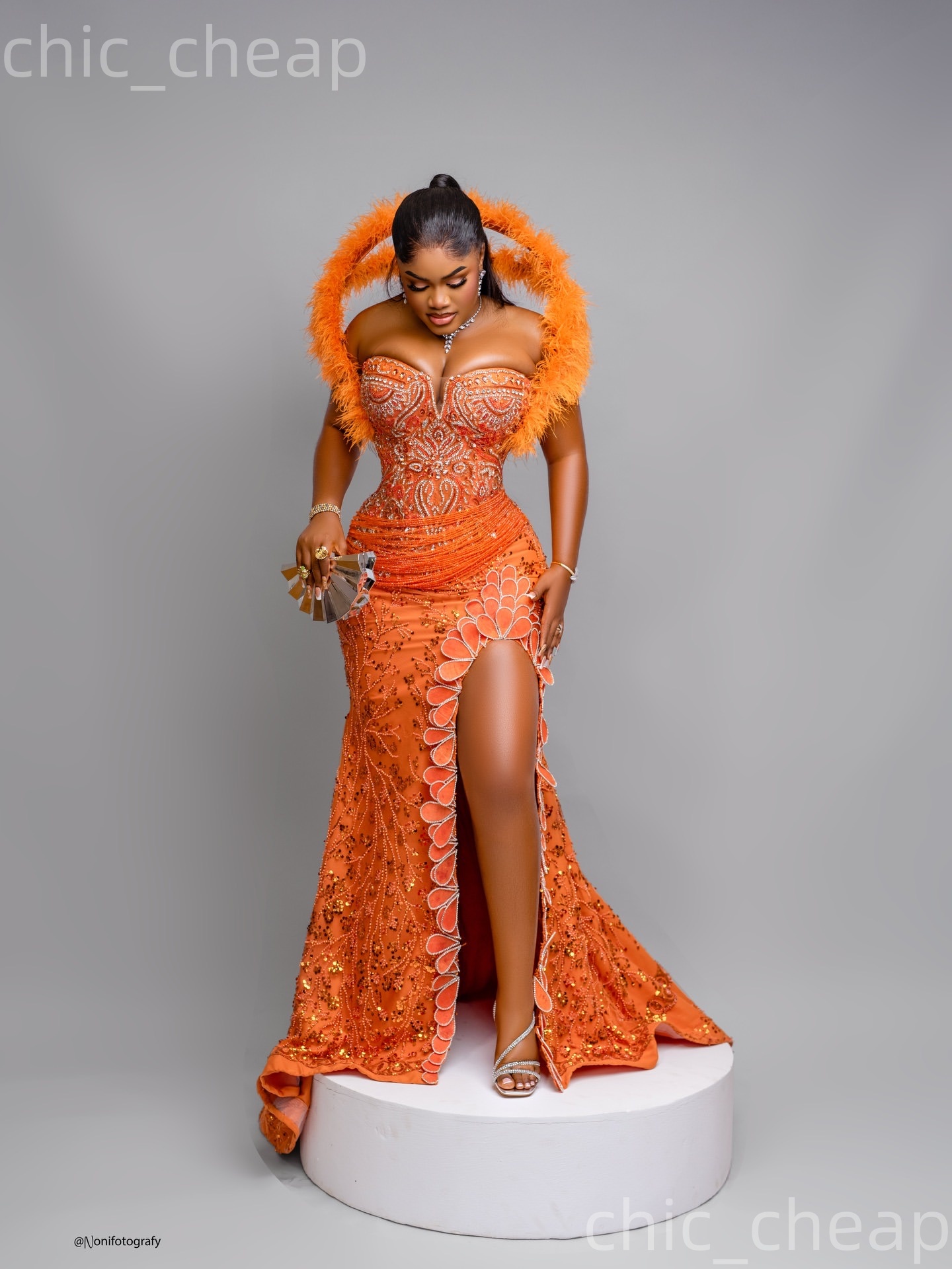 Aso Ebi Orange Mermaid Prom Dresses 2026 Crystals Beaded Feather Florals Evening Formal Party Second Birthday Engagement Gowns Dress For Special Occas