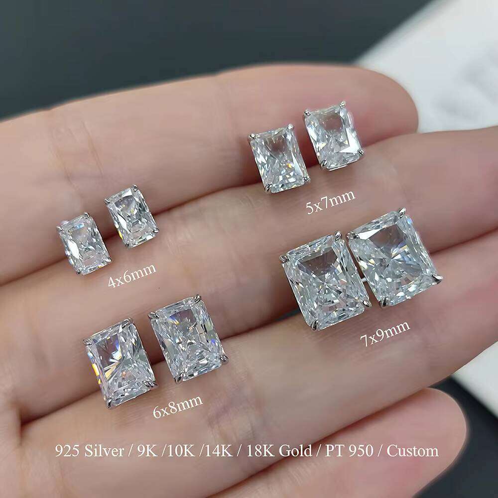 Fancy Radiant Cut 4X6mm 5X7mm 6X8mm 7X9mm Solid White Gold 18K 14K Lab Grown Diamond VVS Moissanite Unisex Couple Stud Earrings