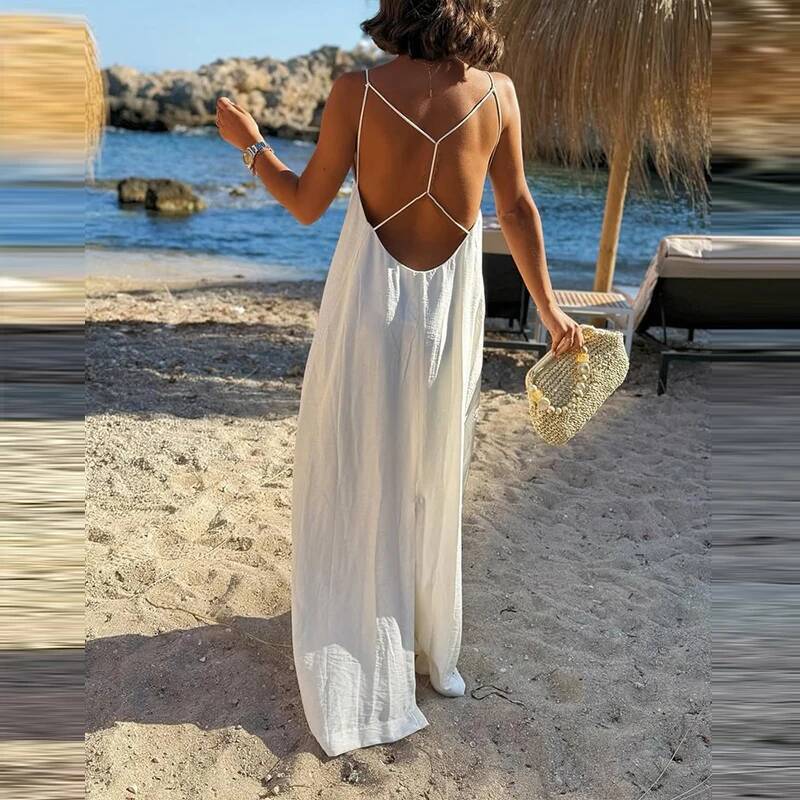 Stylish Leisure Backless Sleeveless Long Sling Dresses Summer Holiday Solid Color Beach Women Casual Simple Camisole Dress ddmythur
