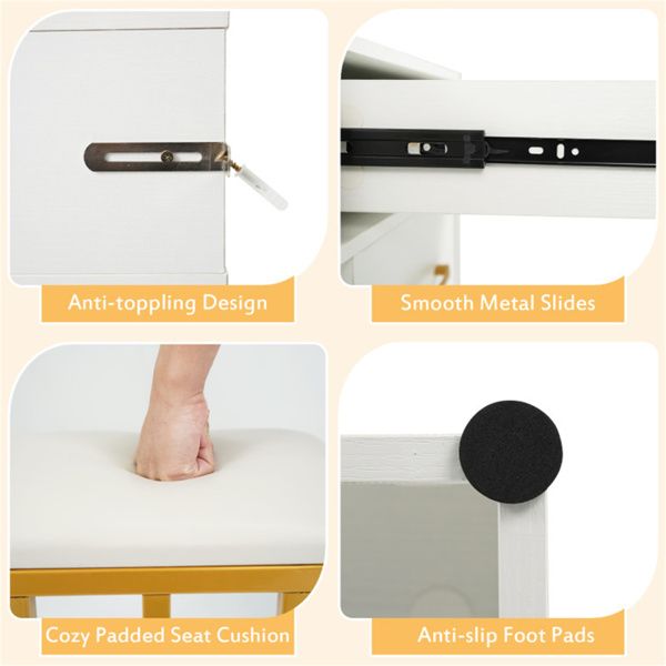 Elegant White Vanity Table - Large 27x20 Inch Mirrored Desktop w/ Built-in USB Charger & Stash Space