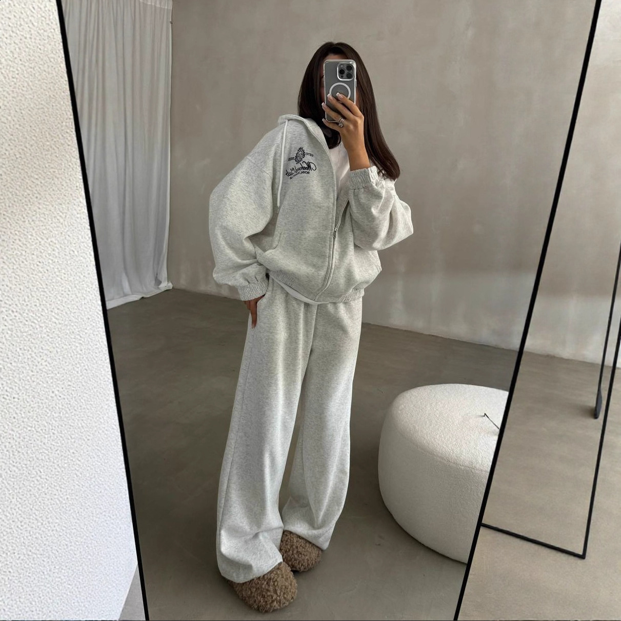 Autumn and Winter New Waffle High Neck Loose Sweatshirt Hoodie Long Sleeve Casual Versatile Sports Set for Women