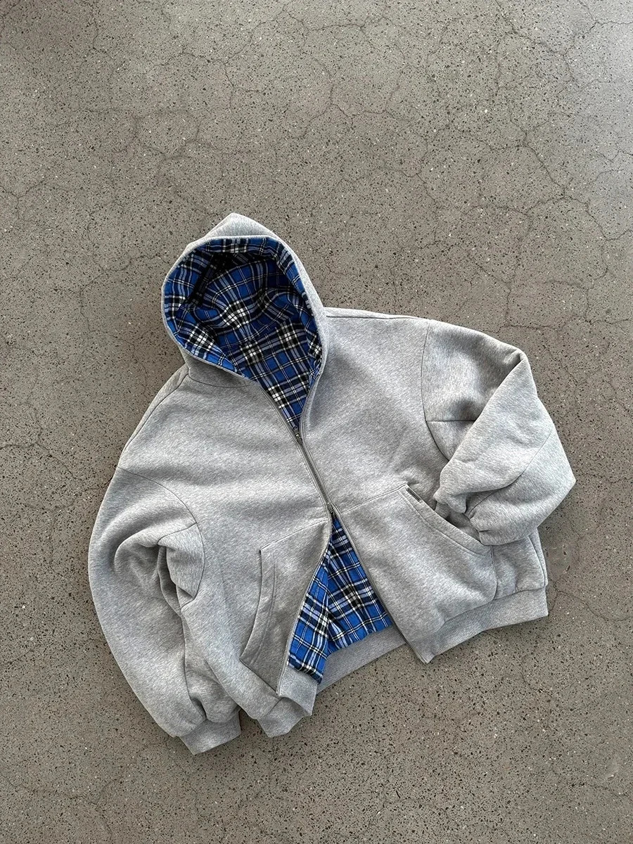 Korea DoubleSided Plaid Loose Zipper Hoodie Men Women Y2K Harajuku HipHop Gothic Couple Casual Joker Sweatshirt Street Wear 260126