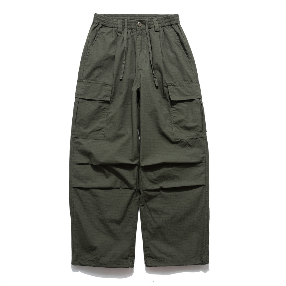 American Style Functional Cargo Casual Pants Men INS Street Fashion Solid Color Pleated Drawstring Jogger Loose Wide Leg Long Pants