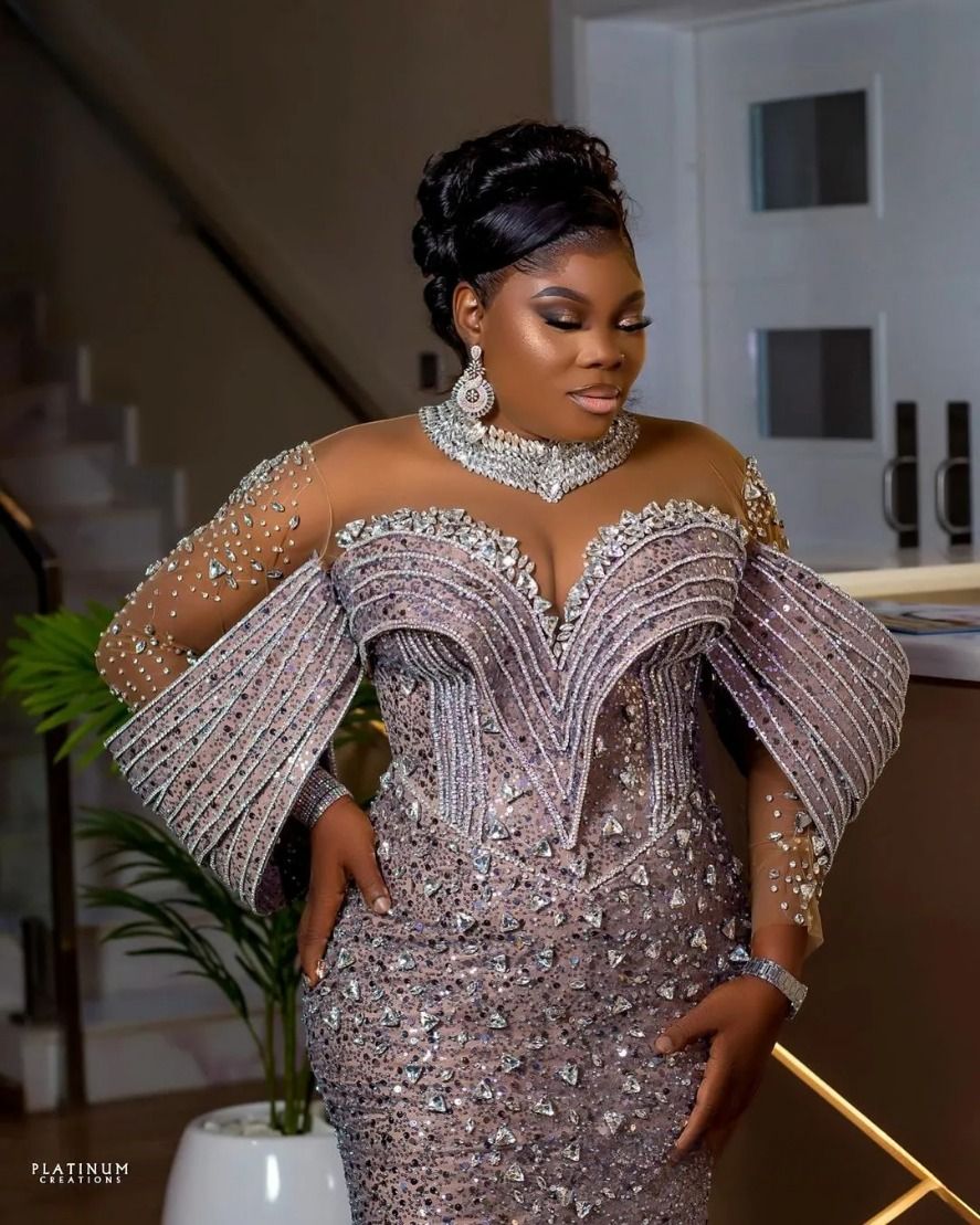 Plus Size Aso Ebi Prom Evening Formal For Women Mermaid High Neck Long Sleeves Rhinestones Crystals Birthday Dress Reception Gowns F03