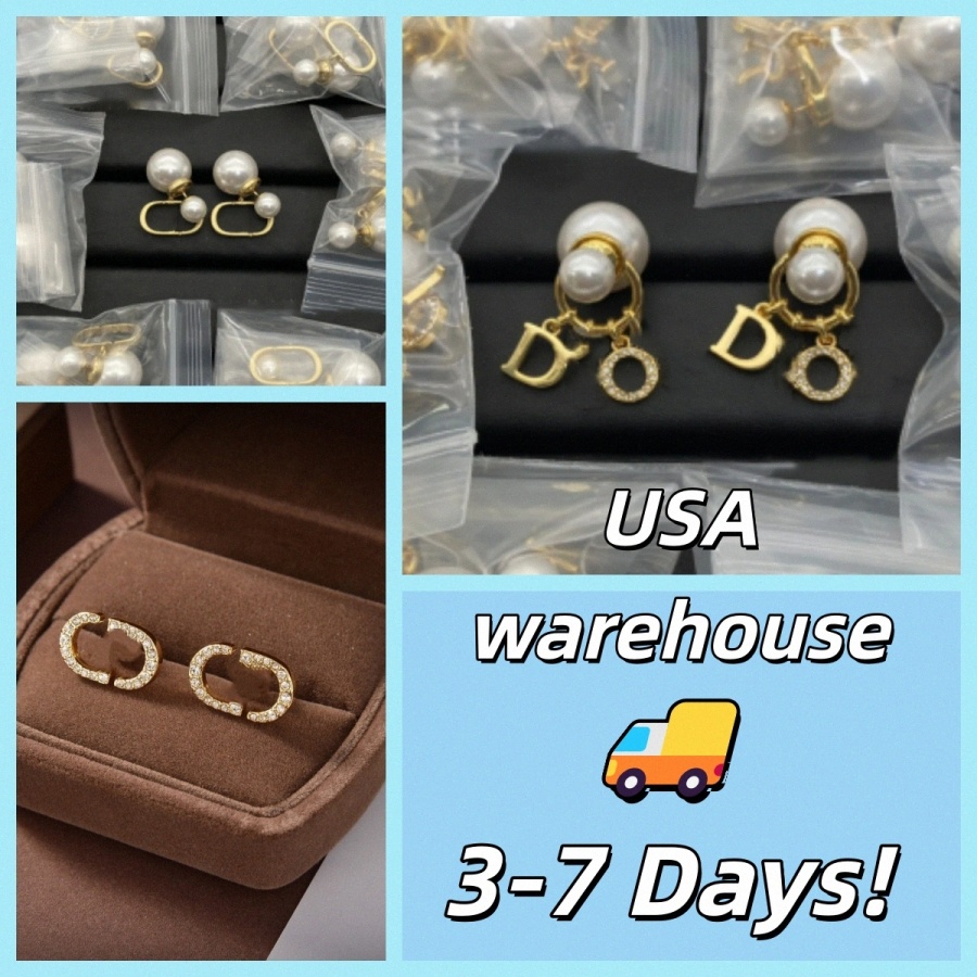 New Styles High Quality Fashion Copper Double Letters Earring Luxury Jewelry Woman Crystal Rhinestone 18K Gold Plated Stud Earrings D2rT#