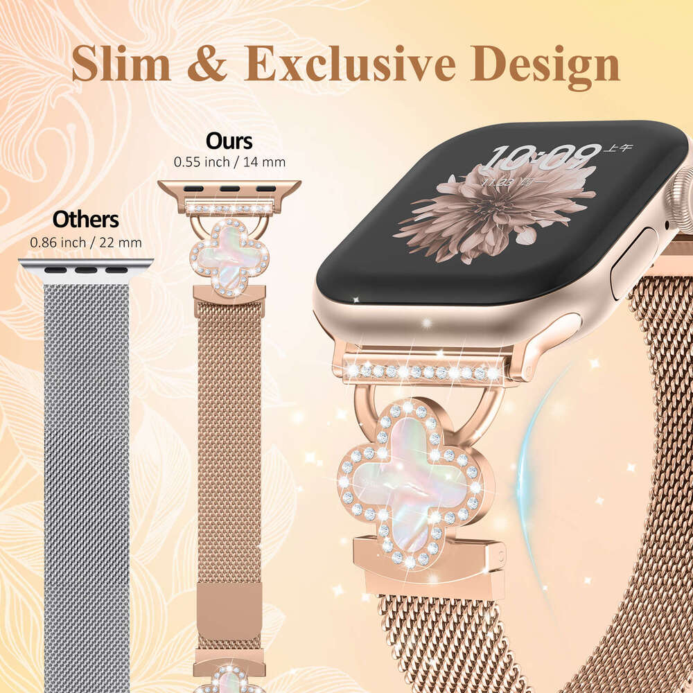 Shiny Clover & Rhinestone Milanese Band Elegant Bracelet Strap for Apple Watch Series 1-11 Ultra SE