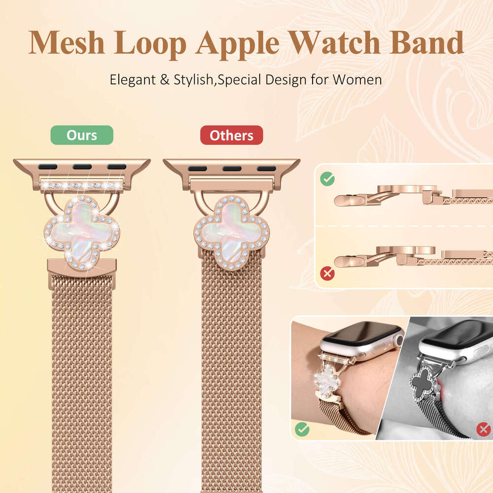 Shiny Clover & Rhinestone Milanese Band Elegant Bracelet Strap for Apple Watch Series 1-11 Ultra SE