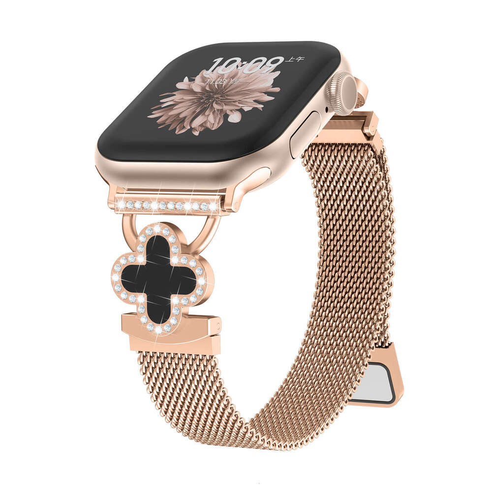 Shiny Clover & Rhinestone Milanese Band Elegant Bracelet Strap for Apple Watch Series 1-11 Ultra SE