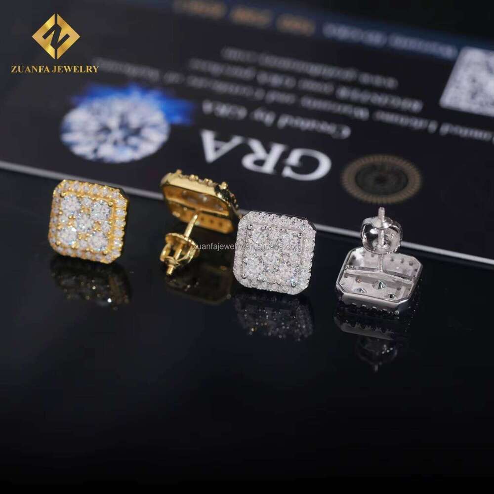 Drop Shipping From USA Warehouse Fashion 925 Sterling Silver VVS Moissanite Square Shape Hip Hop Stud Earring Jewelry