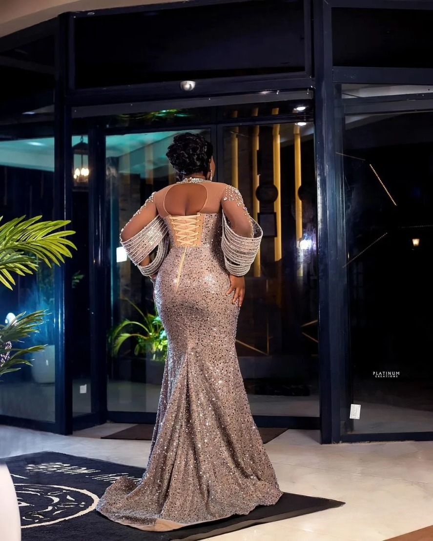 Plus Size Aso Ebi Prom Evening Formal For Women Mermaid High Neck Long Sleeves Rhinestones Crystals Birthday Dress Reception Gowns F03