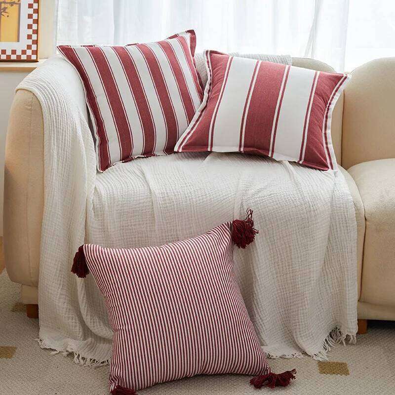 Classical Striped Cushion 45x45cm Hawthorn Red Ivory Recycle Polyester Fabric Pillow Cover Indoor Outdoor Home Decoration