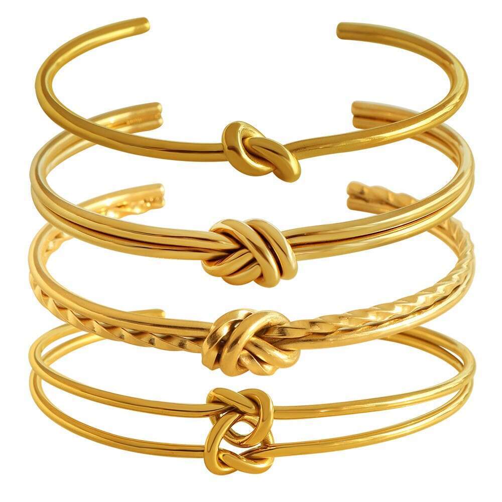 Stainless Steel Knotted C-Shaped Bracelet 18K Gold-Plated Open-Ended Minimalist Double-Layer Women's Bracelet Jewelry