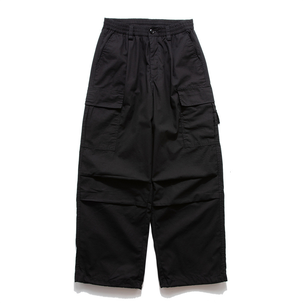 American Style Functional Cargo Casual Pants Men INS Street Fashion Solid Color Pleated Drawstring Jogger Loose Wide Leg Long Pants