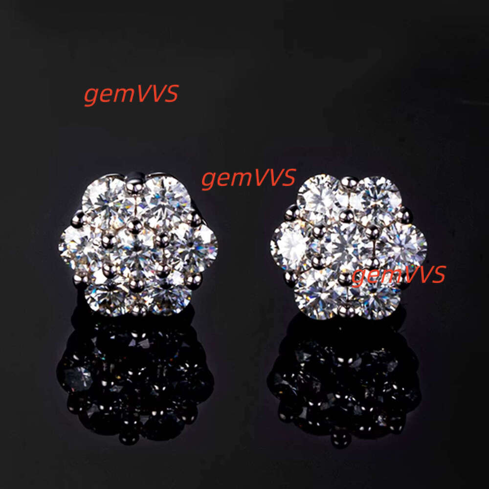 Round Cut Lab Created Moissanite Diamond Flower Cluster Stud 7.5Mm 14K Gold Plated 925 Sterling Silver Earring For Women Men