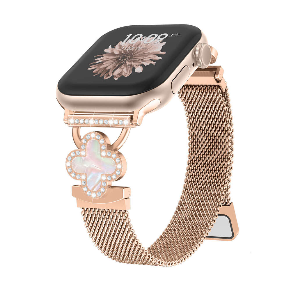 Shiny Clover & Rhinestone Milanese Band Elegant Bracelet Strap for Apple Watch Series 1-11 Ultra SE