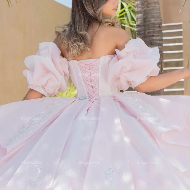Little Bear Princess Sweet 16 Dress Quinceanera Dresses Applique Flower Beading Crystal Corset Tull Party Birthday Vestidos 15 De Anos 4F03