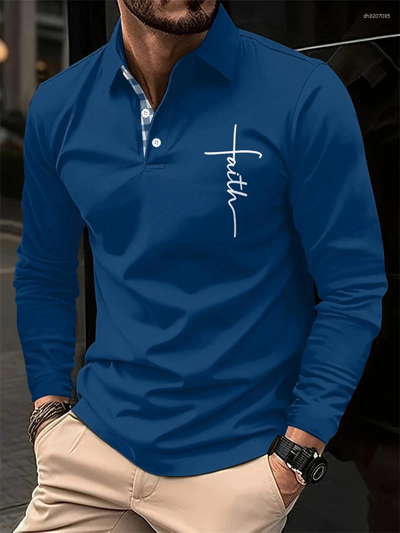 Men's Polos Simple Jesus Letters Pure Color Polo Shirts For Men Fashion Summer Long Sleeve 3D Printed Shirt Loose Streetwear Lapel Tops