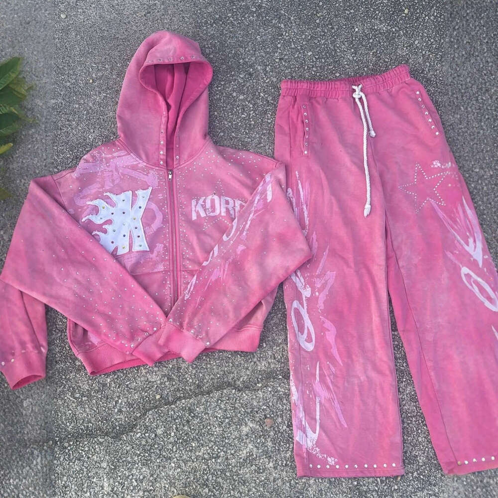 Autumn Winter Season Unisex Fashion Set Street Style Rhinestone Zipper Hoodie Drawstring Pants European And American