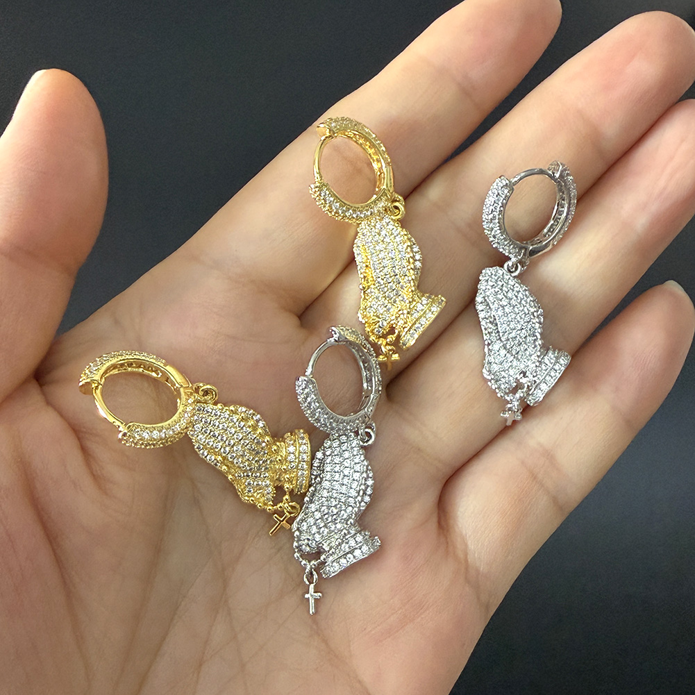 Hip Hop Pray Hands Dangle Earrings Full White Zircons Charm Cross Hoop Drop Earrings Real Gold Plated Religious Jewelry