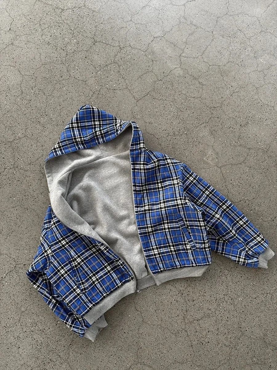 Korea DoubleSided Plaid Loose Zipper Hoodie Men Women Y2K Harajuku HipHop Gothic Couple Casual Joker Sweatshirt Street Wear 260126