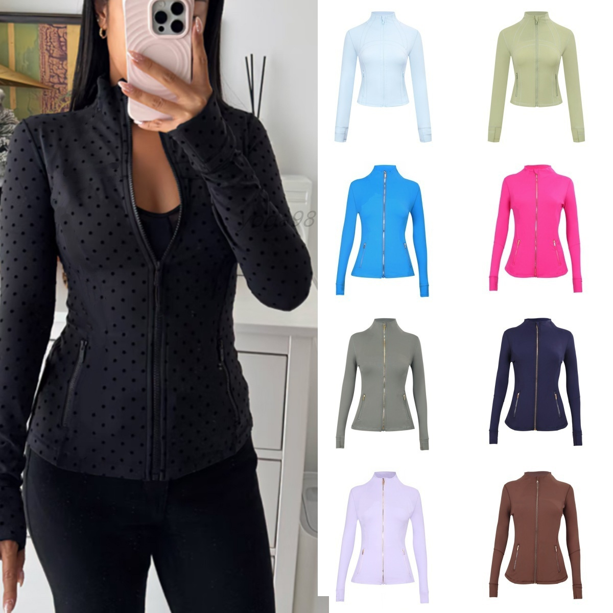 Women Yoga Jacket Polka Dot Black Red Navy Rose Gold Zipper Jacket Womens Workout Sports gym Coat Fitness Jackets Sports Activewear Top Solid Zip Up Sweatshirt Jakets