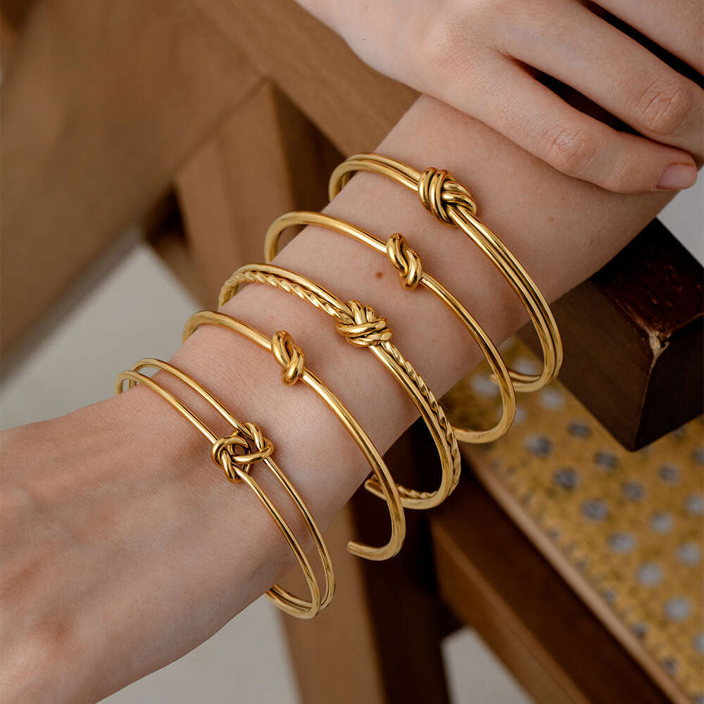 Stainless Steel Knotted C-Shaped Bracelet 18K Gold-Plated Open-Ended Minimalist Double-Layer Women's Bracelet Jewelry