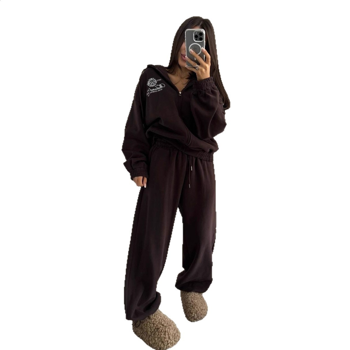 Autumn and Winter New Waffle High Neck Loose Sweatshirt Hoodie Long Sleeve Casual Versatile Sports Set for Women