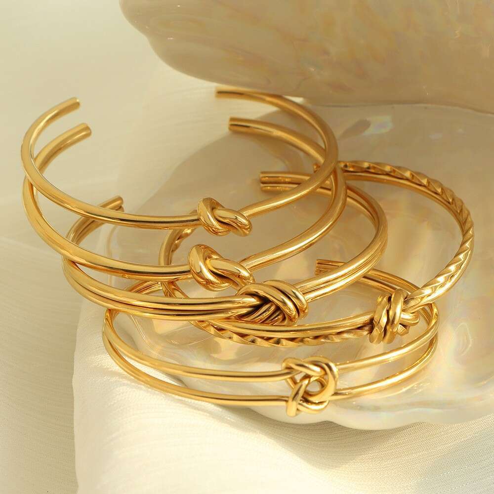 Stainless Steel Knotted C-Shaped Bracelet 18K Gold-Plated Open-Ended Minimalist Double-Layer Women's Bracelet Jewelry