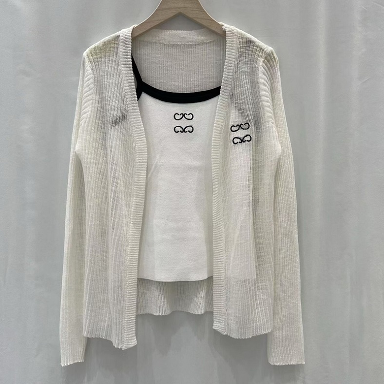Women Elegant Designer Knit Vest Cardigan Set Sexy Slim Fit Camisole Sun Protection Jacket 2 Piece Outfit Summer Beach Vacation Tank Coat Set