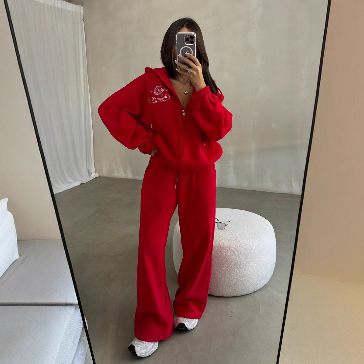 Autumn and Winter New Waffle High Neck Loose Sweatshirt Hoodie Long Sleeve Casual Versatile Sports Set for Women