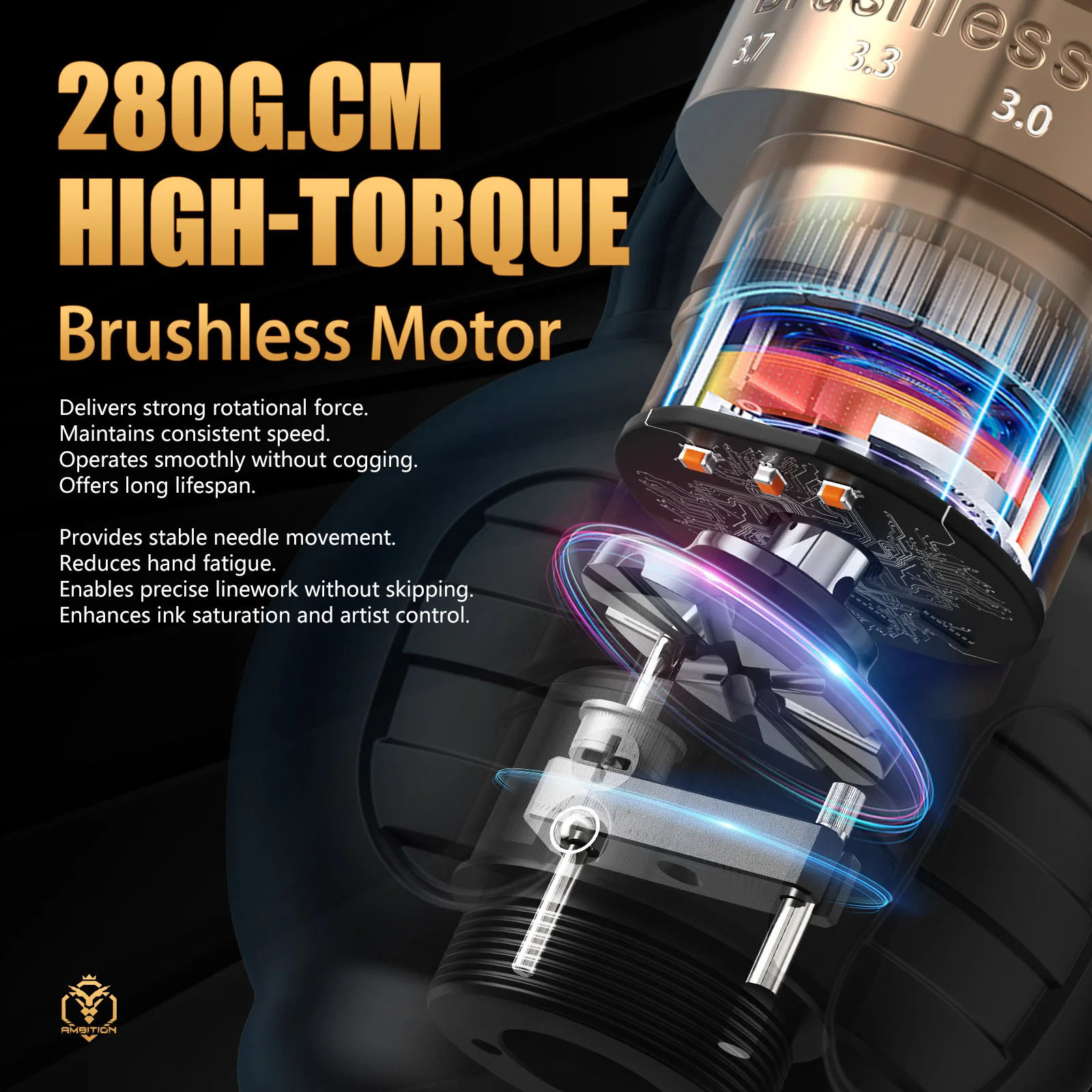 Ambition Ninja Max 280 Wireless Tattoo Machine 24mm-45mm Adjustable Stroke 54mm34mm Grip Brushless Motor 2400mAh Battery Pen 260203