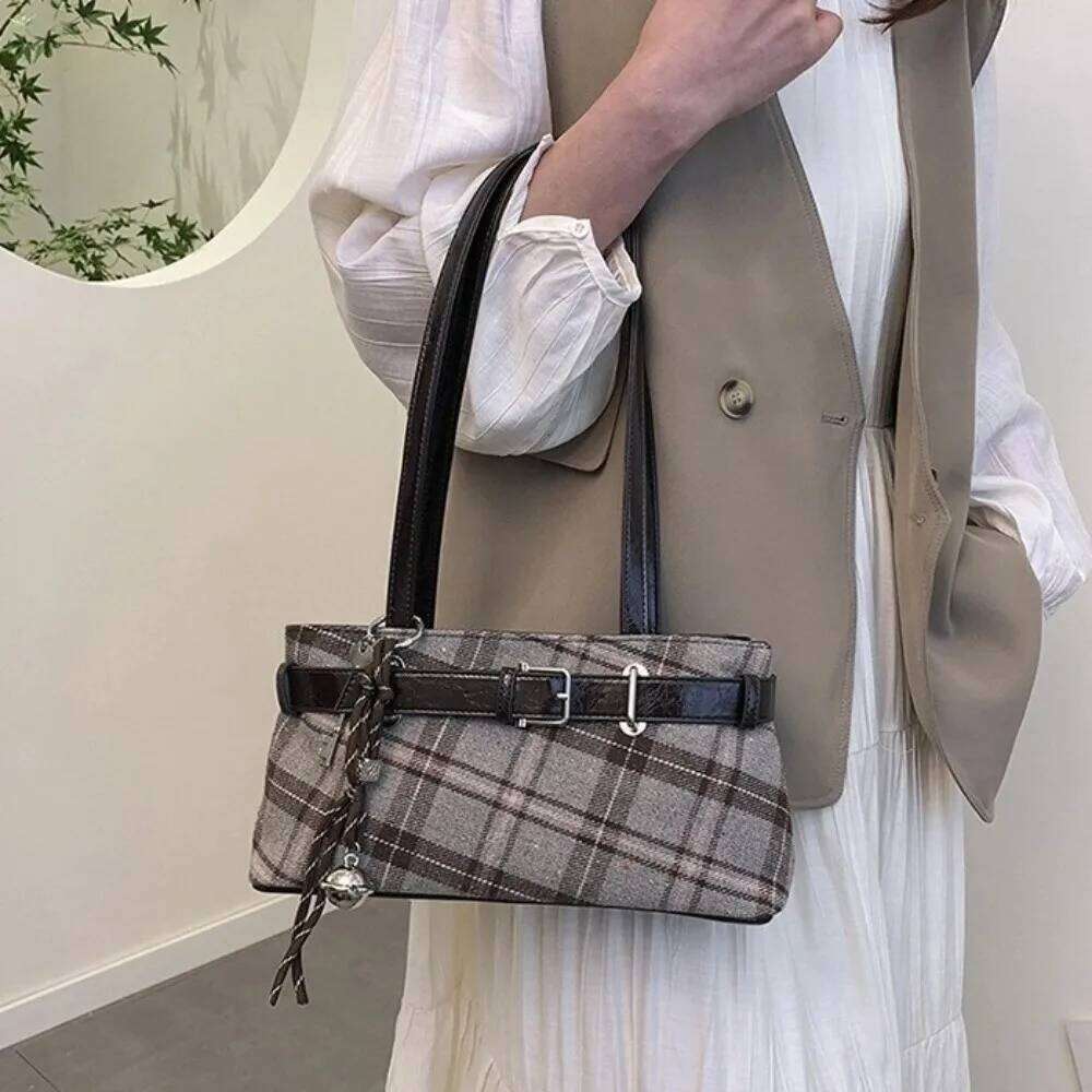 New Handbag Boho Shoulder Bell Pendant Lightweight Tote Plaid Women's Bag Women C260204