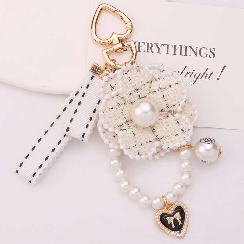 New Pearl Camellia Ribbon Keychain Pendant Cute Colorful Fabric Flower Accessories Earphone Case Bag Decoration