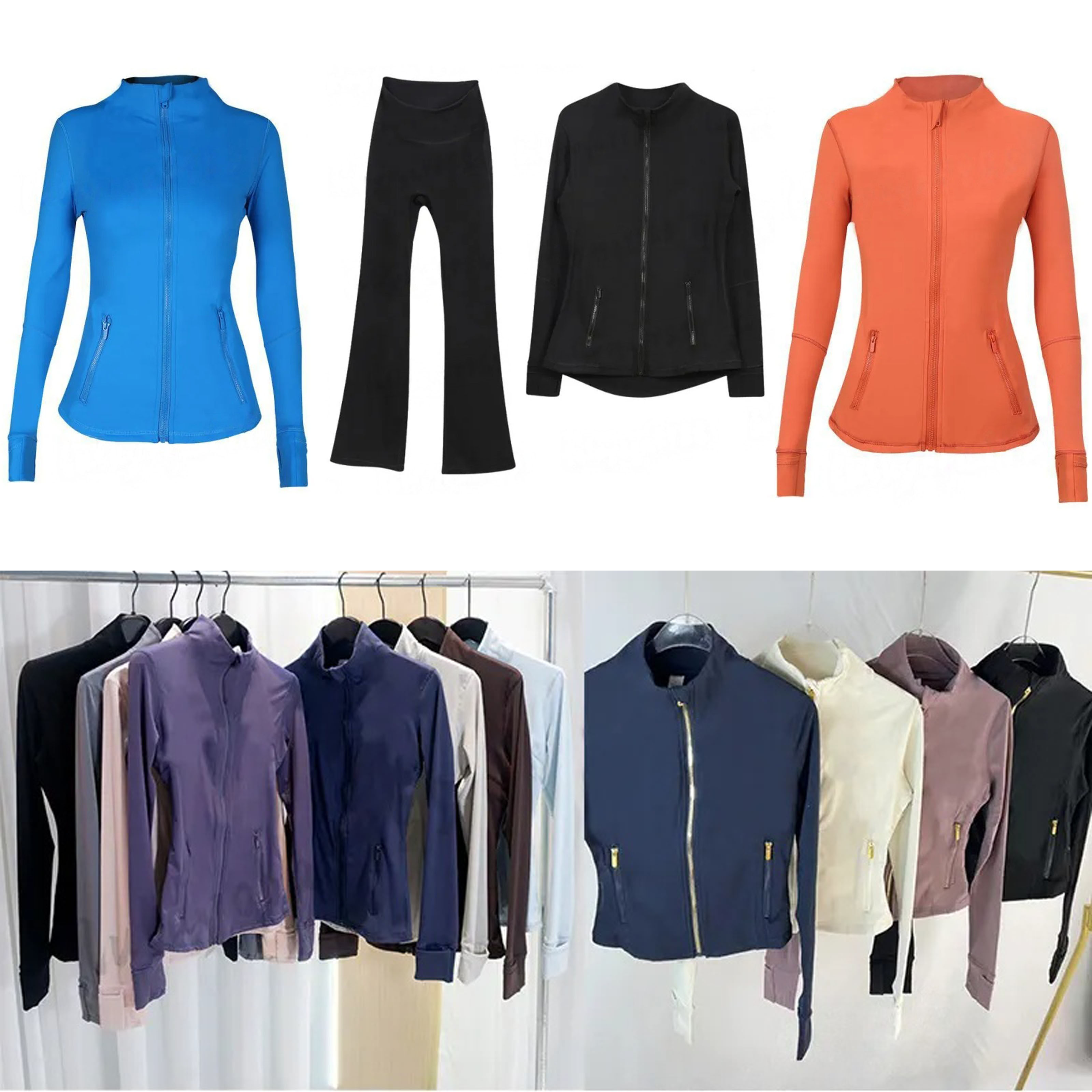 Gold Zipper Yoga Jacket Women Yoga Sets Workout Sport Coat Fitness Flared Pants Long Sleeves Solid Color Black Zipper Gym Jackets Sweatshirt Outfit Sportswear Lady