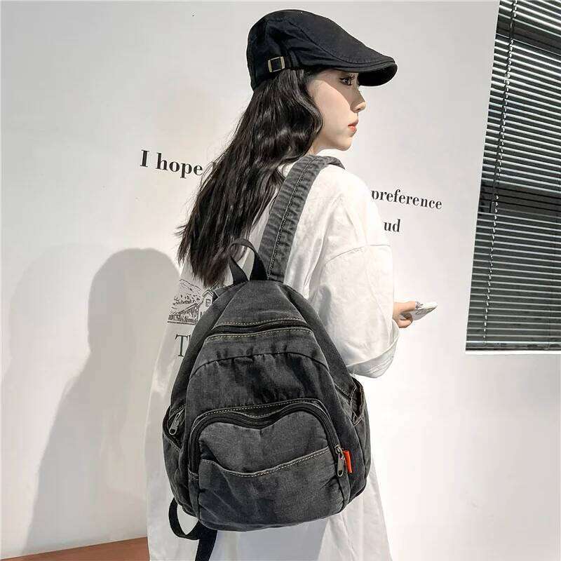 Ins Simple Casual Student Korean Version Forest Style Retro Washed Denim Backpack Z260204