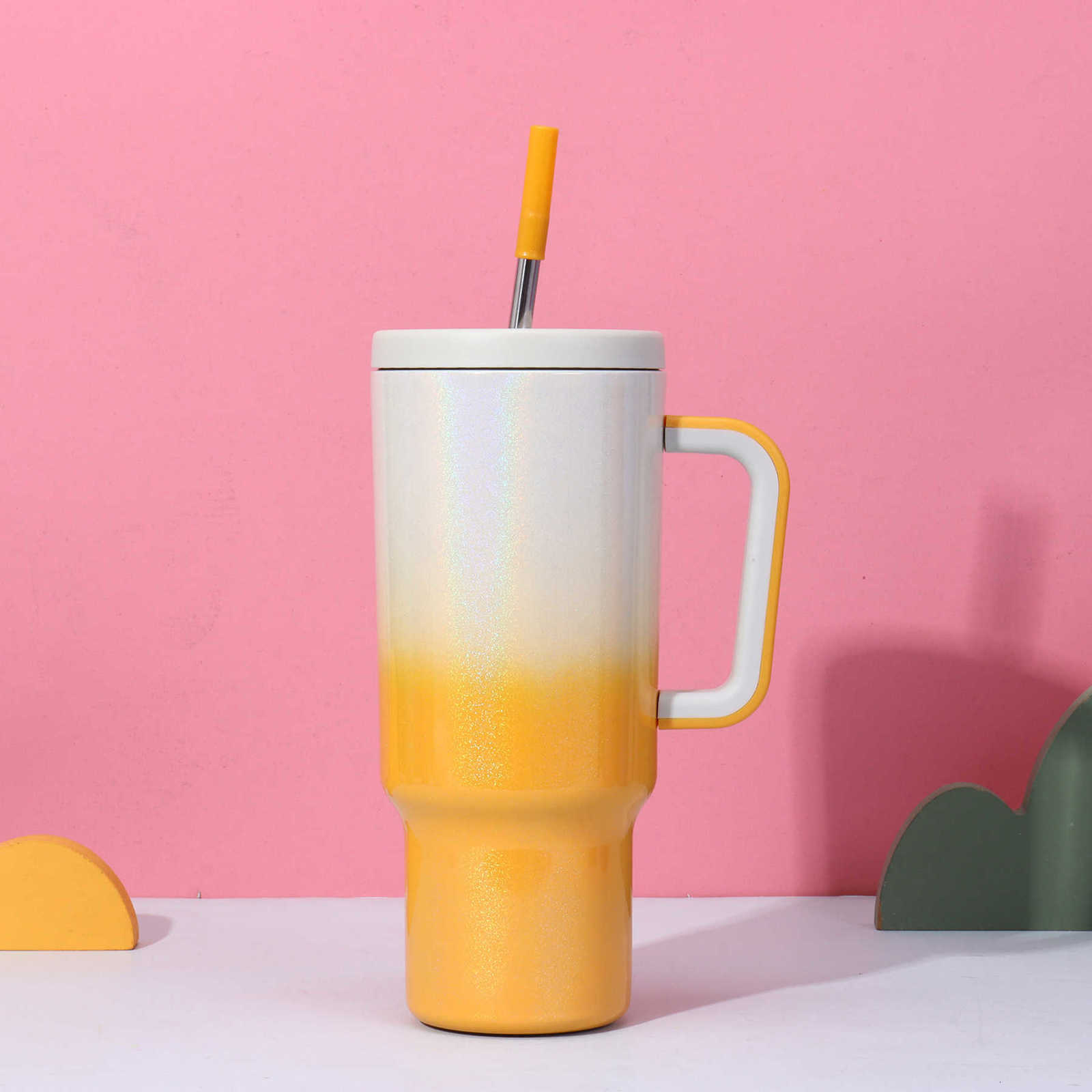 Stainless steel straw cup - 40oz large capacity insulated cup - cold-keeping handle - car cup - vehicle ice dispenser cup X250321