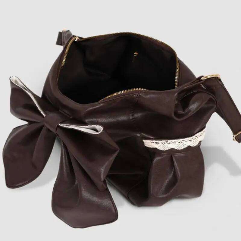 Bow Women's Crossbody Stylish Lace-trimmed Vintage Brown Handbag Large Capacity Student Shoulder Bag With Side Pockets C260204