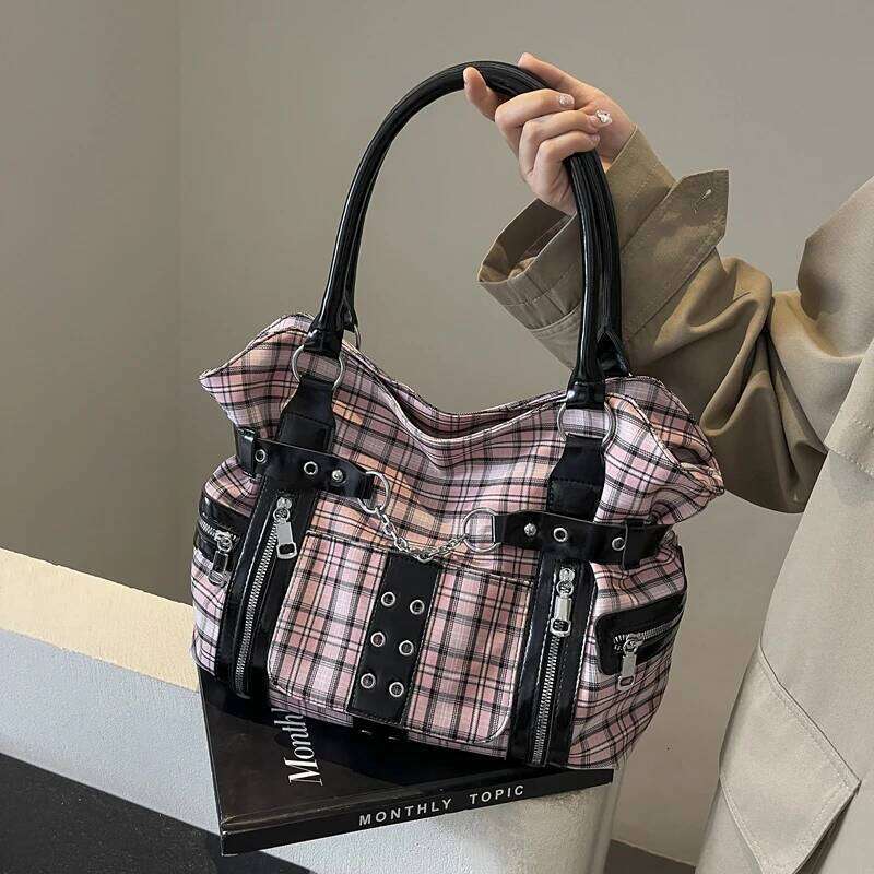 Fashion Check Pattern Gothic Punk Tote Large Capacity Rivet Belt Design Women's Casual Commuter Shoulder Hand-held Bag C260204