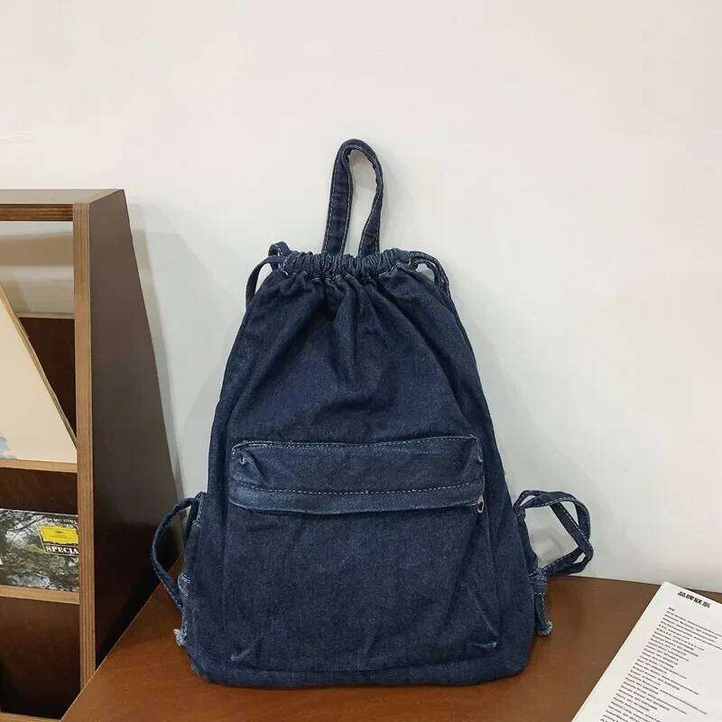 Mochila Washed Drawstring Canvas Bag for Women's Retro Fashion Travel Unisex Solid Color Denim Backpack Z260204